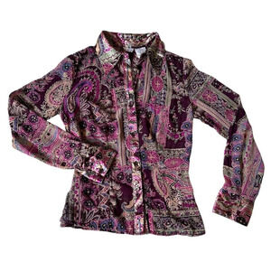 Y2K Fairy Boho Whimsigoth Blouse Size XXS/XS Paisley Purple Pink Chiffon Top